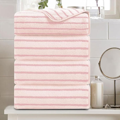 4 Piece Pink Cabana Stripe Large Bath Towels 35"x70" Oversized Bath Sheet Super