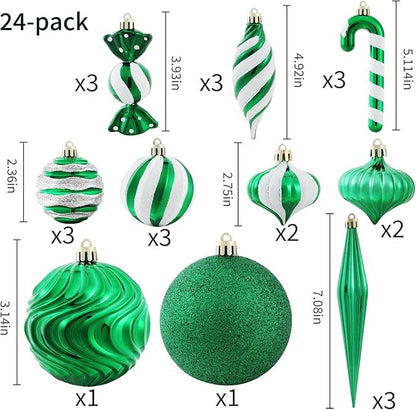 Christmas Ball Ornaments Set Shatterproof Christmas Tree Ornaments 24 PCS Painted Shaped Styles Xmas Tree for Holiday Decor,Green