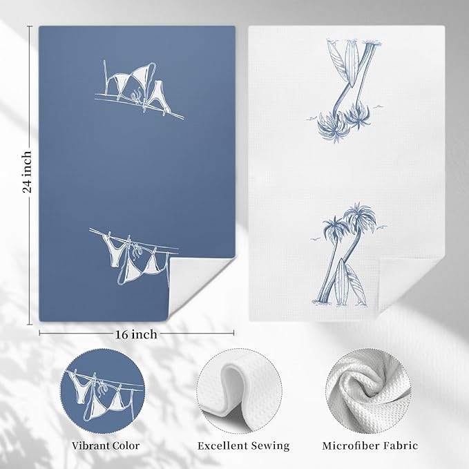 Blue Beach Surfboard Kitchen Towels, Coastal Tropical Palm Tree Decorative Hand