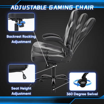 OLIXIS Big and Tall Office Desk Leather Gaming Computer Chair with Adjustable Swivel Task and Flip-up Arms for Adults, Teens, Grey