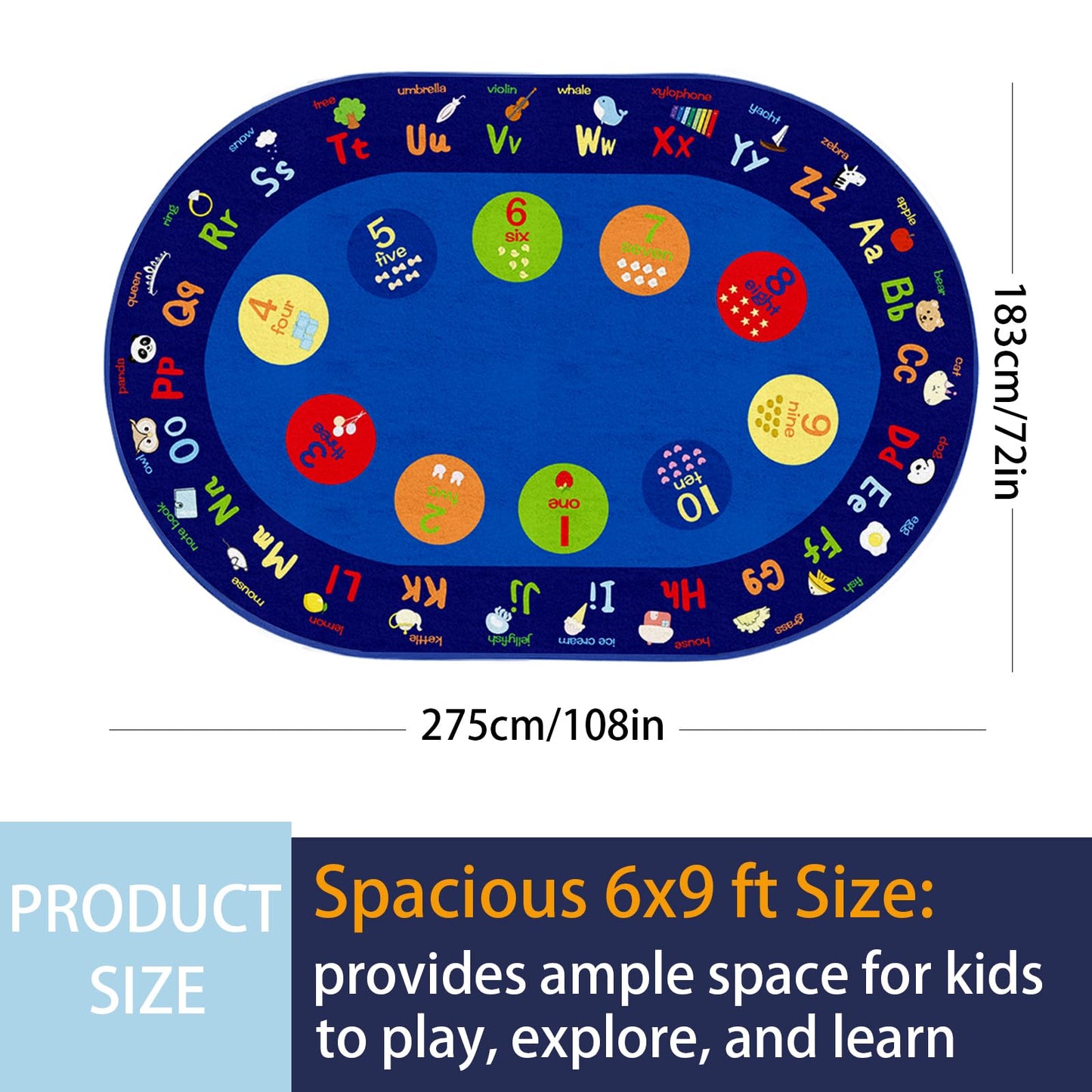 Large Oval Classroom Rug, 6×9Ft ABC Rugs for Kids Playroom, Education Classroom Circle Time Carpet Elementary for Learning Alphabet, Numbers, Words, Area Preschool Playmat for Daycare Kindergarten