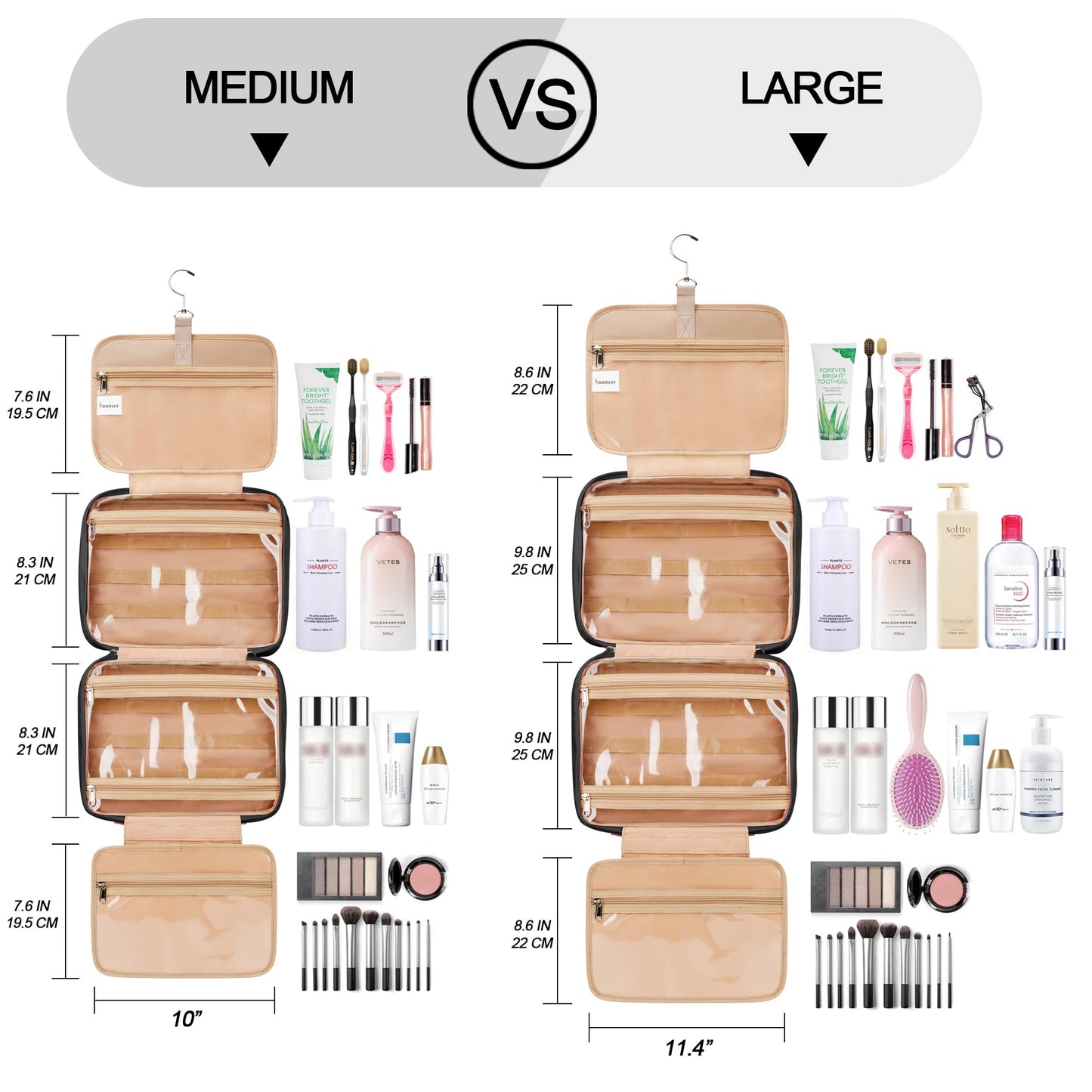 COOSKY Travel Hanging Toiletry Bag for Women, Holds Full-Size Shampoo, with Jewelry Organizer Compartment, Extra Large Makeup Bag, Waterproof Cosmetic Bag, Toiletries Kit Set with Trolley Belt, Black