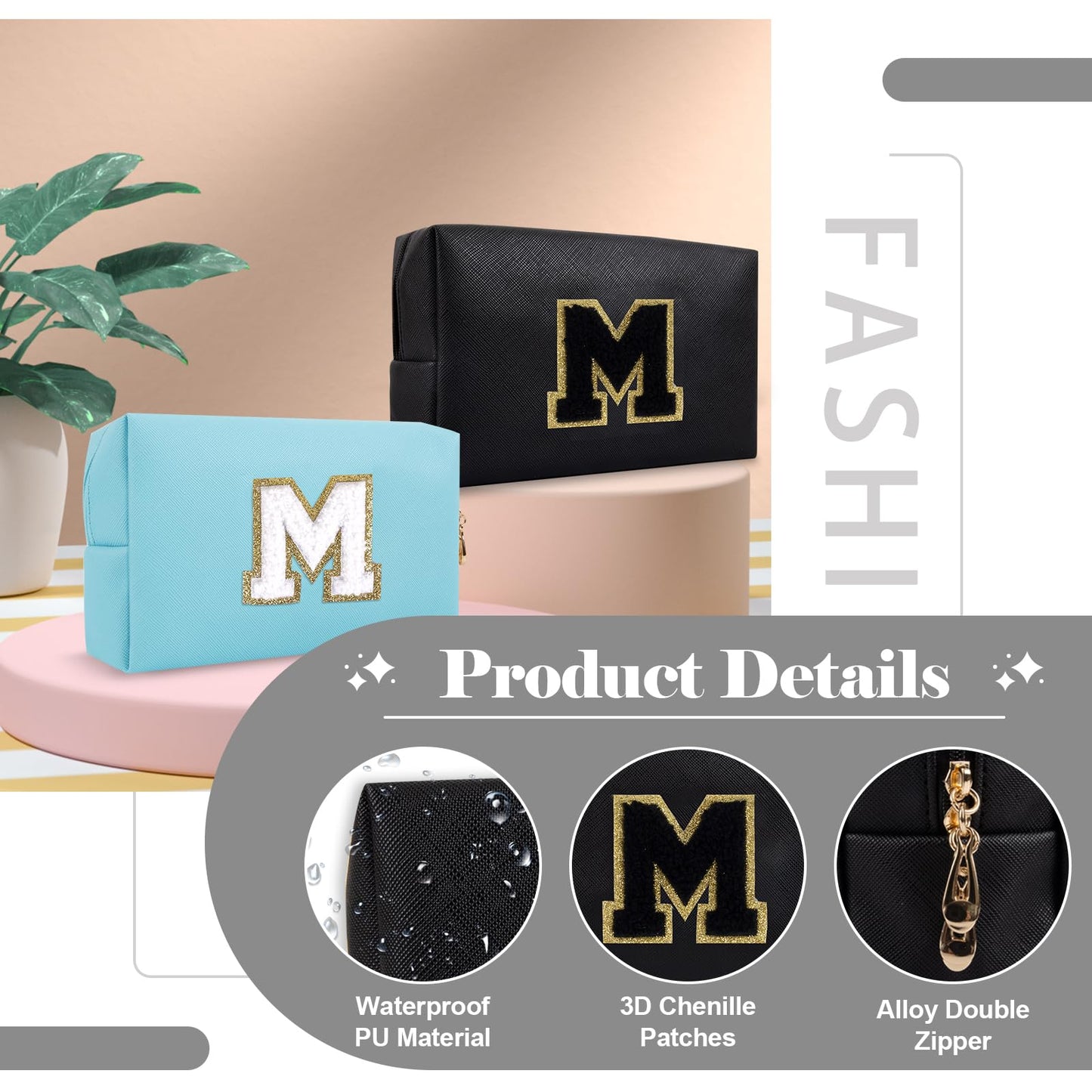 Personalized Initial A-Z Preppy Patch Makeup Bag,Small PU Chenille Letter Cosmetic Bag with Zipper for Teen Girls,Black Cute Toiletry Organizer Bag,Monogram Makeup Case Gift for Women Girls,Letter M