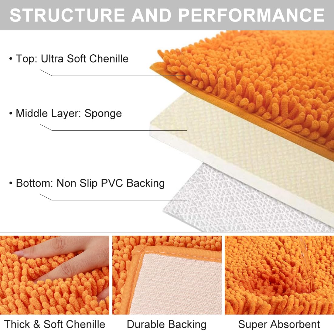 vctops Orange Fall Plush Chenille Bath Rugs Extra Soft and Absorbent Microfiber Shag Rug, Non-Slip Runner Carpet for Tub Bathroom Shower Mat Orange 16" X 24"