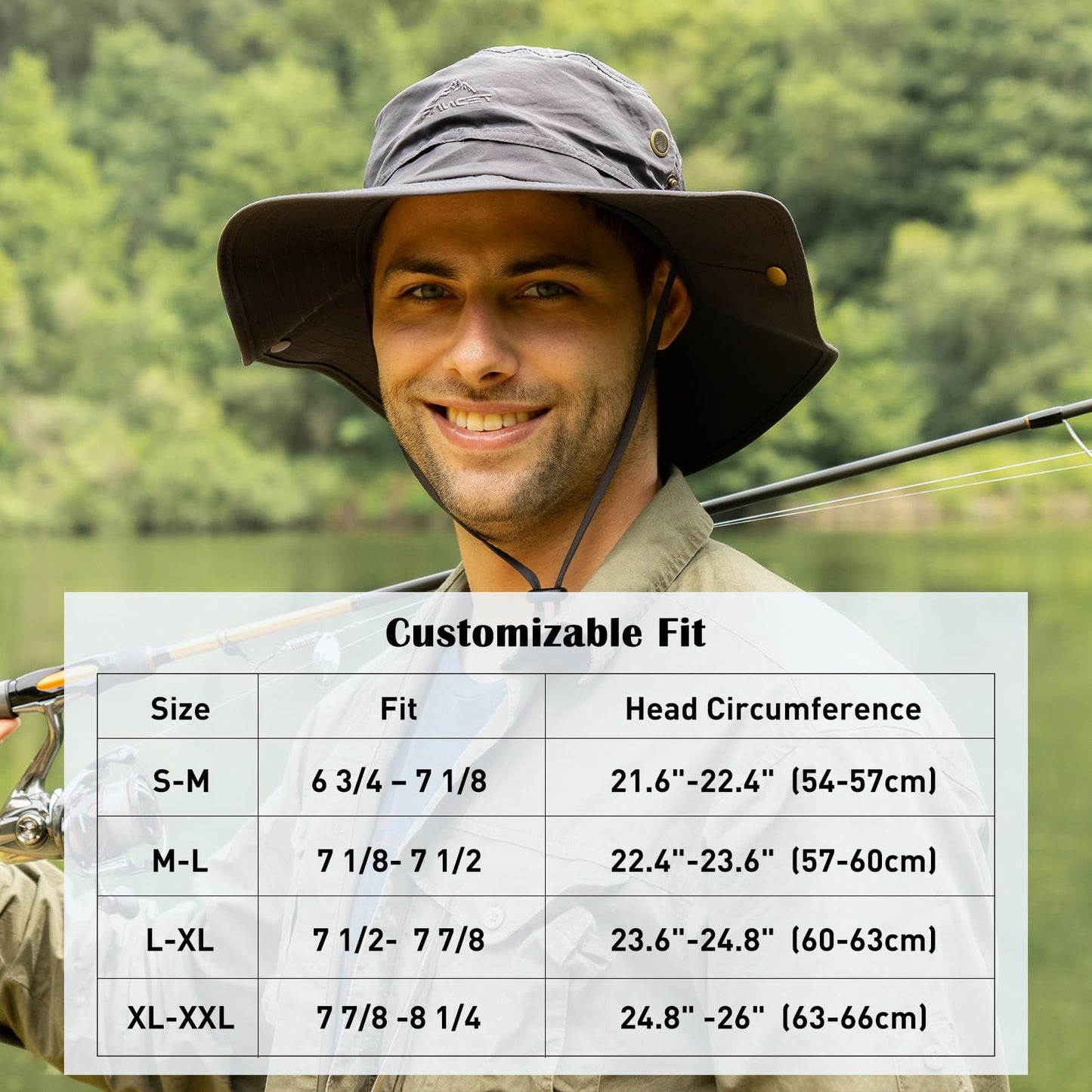 Comhats UPF 50 Sun Hats Wide Brim Summer Safari Hat Fishing Hiking Boonie Hats for Men Chin Strap Waterproof Black Medium Large