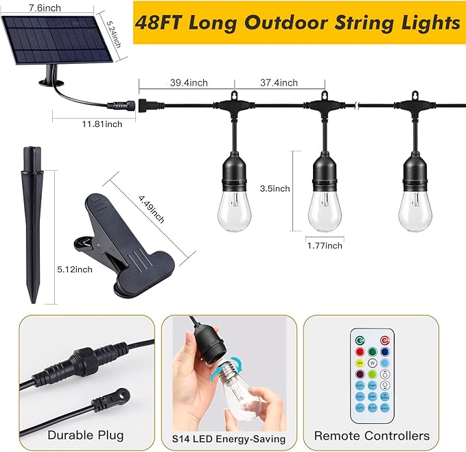 Auroraworld 48FT Solar RGB Outdoor String Lights, Dimmable Waterproof LED Patio Lights with Remote, 15 Shatterproof Bulbs for Garden Party Decor