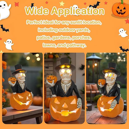 Halloween Solar Skeleton Pumpkin Lights Decor, Led Jack-O-Lantern Pumpkin Skulls Statue Figurine Light for Outside Garden Yard Porch Halloween Party & Home Indoor Outdoor Decorations