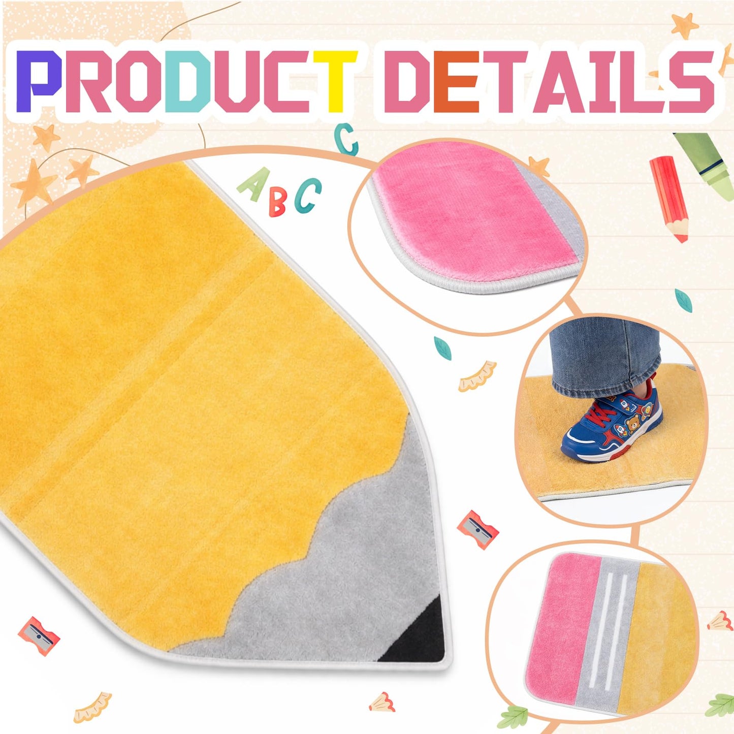 Breling Pencil Classroom Rug Pastel Pencil Shaped Class Doormat Teachers Back to School 14'' x 30'' Fun Soft Faux Non Slip Floormat for Welcome Elementary Kindergarten Room Indoor Outdoor Decor