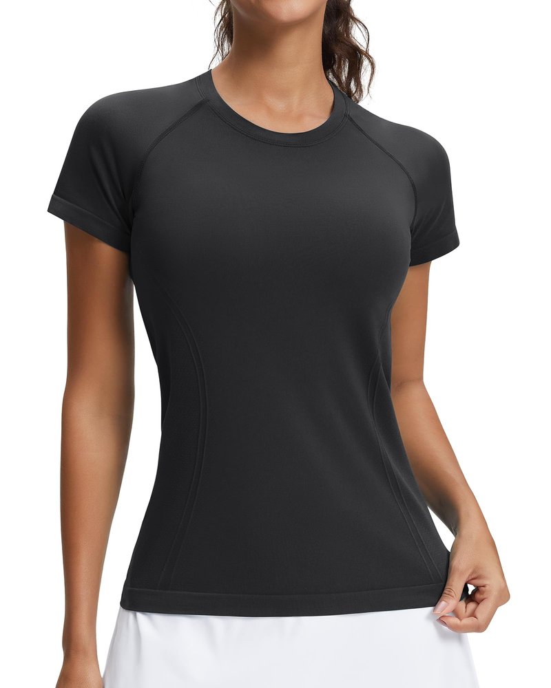 Stelle Women Seamless Workout Shirts Short Sleeve Athletic Top Yoga Gym Running T-Shirts(Black,M)