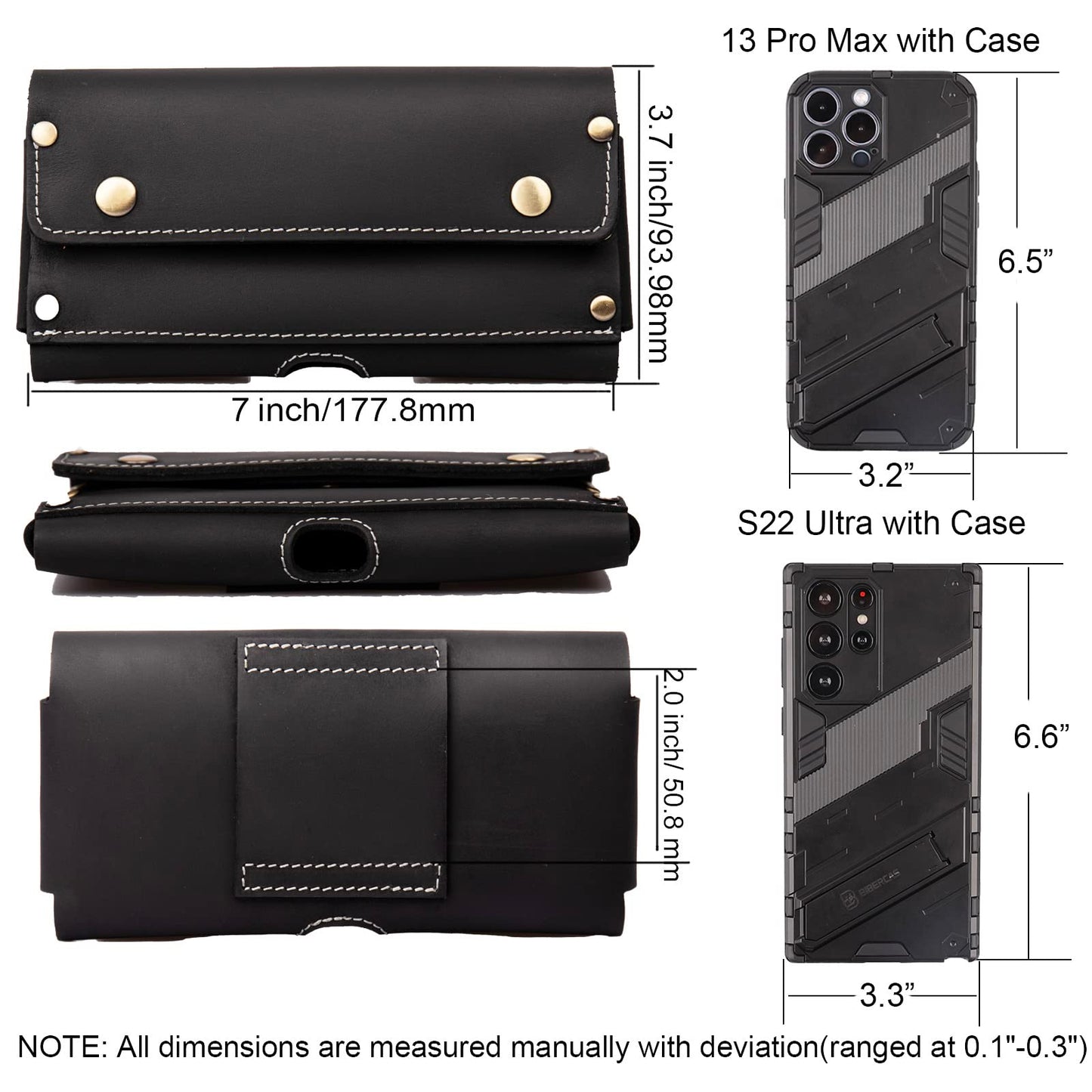Topstache Leather Phone Holster with Belt Loop,Two Pockets Cell Phone Pouch, Leather Card Holder,Wallet for Cash and Phone, Phone Holder for iPhone 13 Pro Max,13 Pro,Black