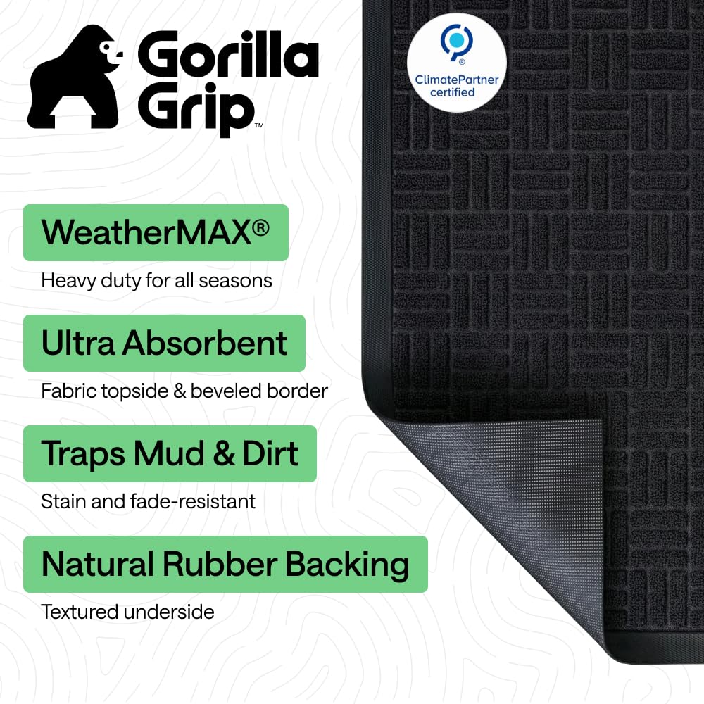 GORILLA GRIP 100% Waterproof All-Season WeatherMAX Doormat 35x23, US Designed Natural Rubber, Stain and Fade Resistant, Low Profile Indoor Outdoor Door Mats, Easy Clean Patio Mat, Black Maze