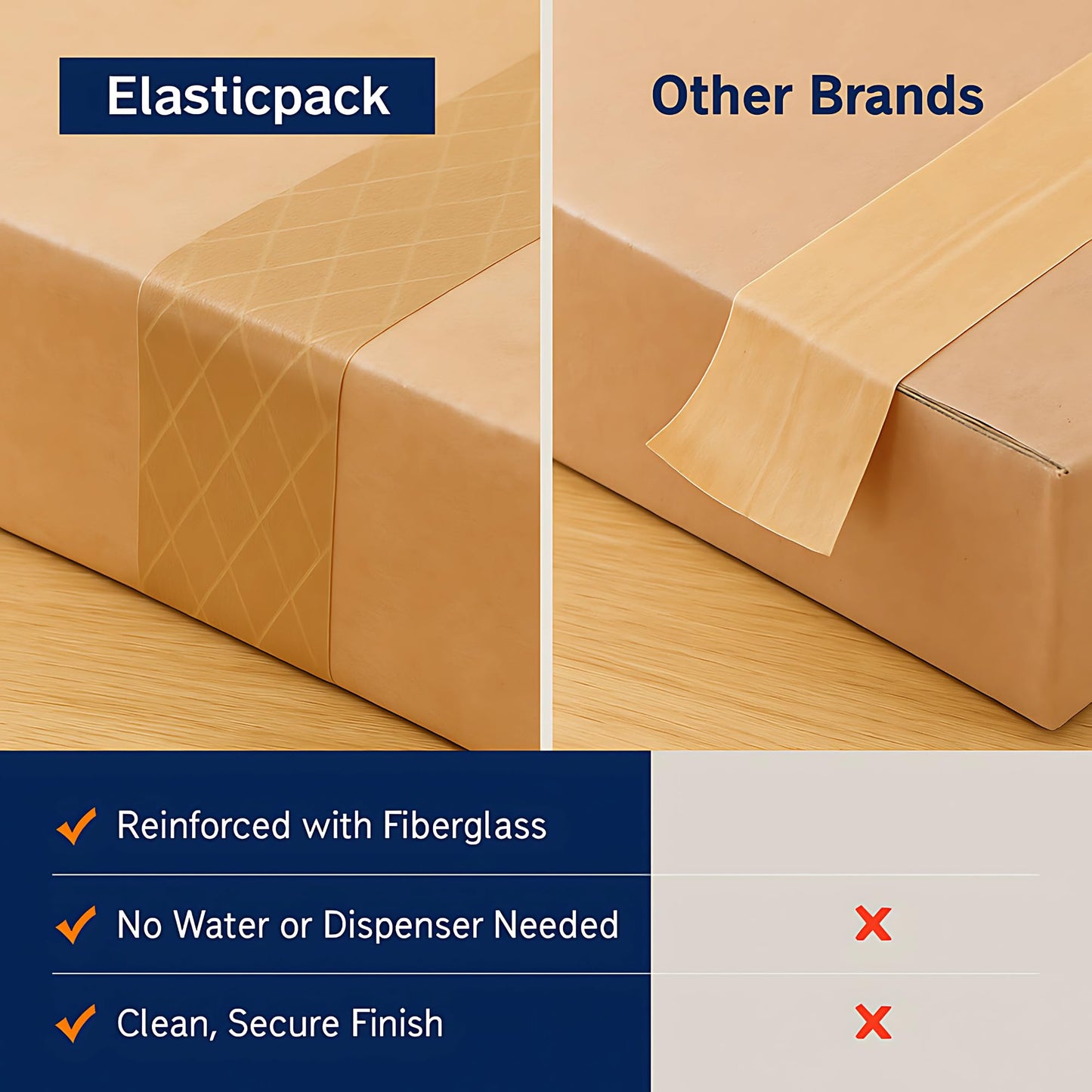 Elasticpack Heavy-Duty Packing Tape 4-Pack – Kraft Brown Paper Tape, Fiberglass Reinforced, Self-Sticking, No Water Needed, Strong Hold for Heavy Box Shipping & Packaging, 1.88" x 55 yd