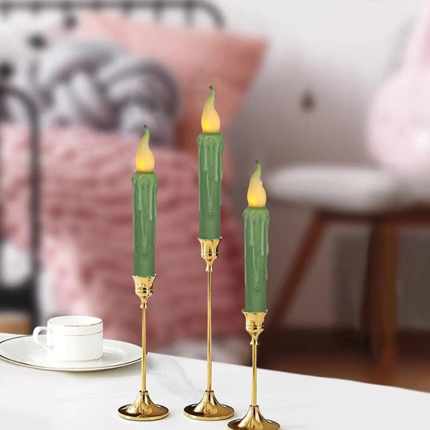Sage Green Flameless Short Taper Candles, Real Wax Hand Dipped LED Battery Operated with Remote, Flickering Flame Lights for Festival Party Home Décor, 6.7 Inch Primitive Flameless Candles, 4PCS
