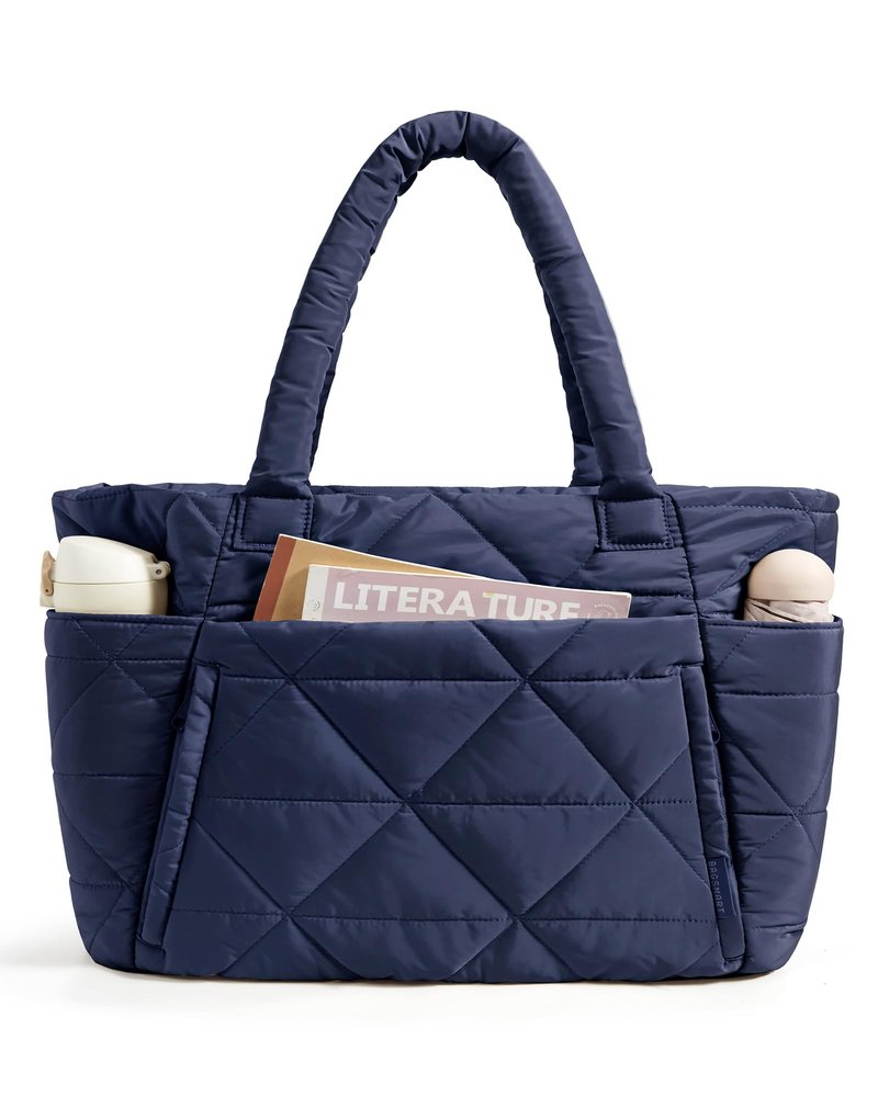BAGSMART Tote Bag for Women, Puffy Tote Bag with Zipper, Large Quilted Shoulder Bag with Compartments for Travel, Work, Gym (Navy Blue)