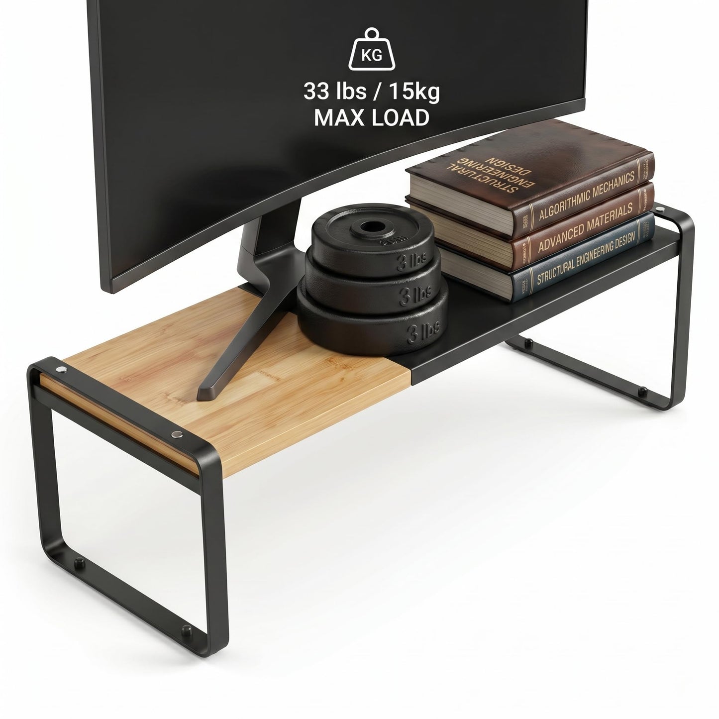 Solcasaco Expandable Desk Shelf Organizer, Sturdy Bamboo Desktop Riser for Monitor, Laptop & Office Storage, Modern Workspace Stand Accessories (Black)