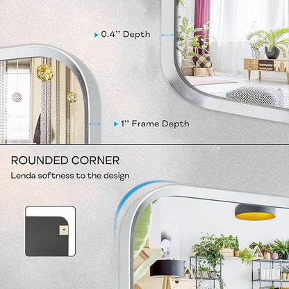Wall Mount Mirror for Bathroom, Brushed Silver Metal Framed Rounded Corner Square Rectangular Vanity Mirror (24" x 30", Silver)