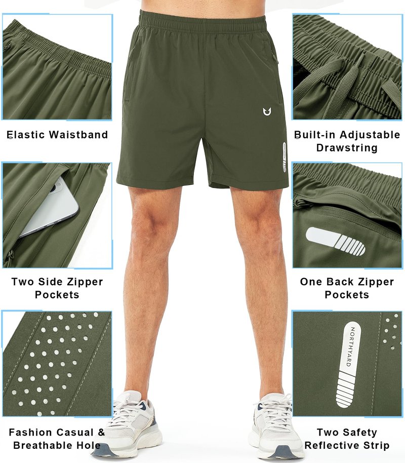 NORTHYARD Men's Athletic Running Shorts Gym Workout 7"/9"/5" Quick Dry Lightweight Sports Basketball Tennis 3 Zipper Pockets ARMYGREEN-5inch 4XL