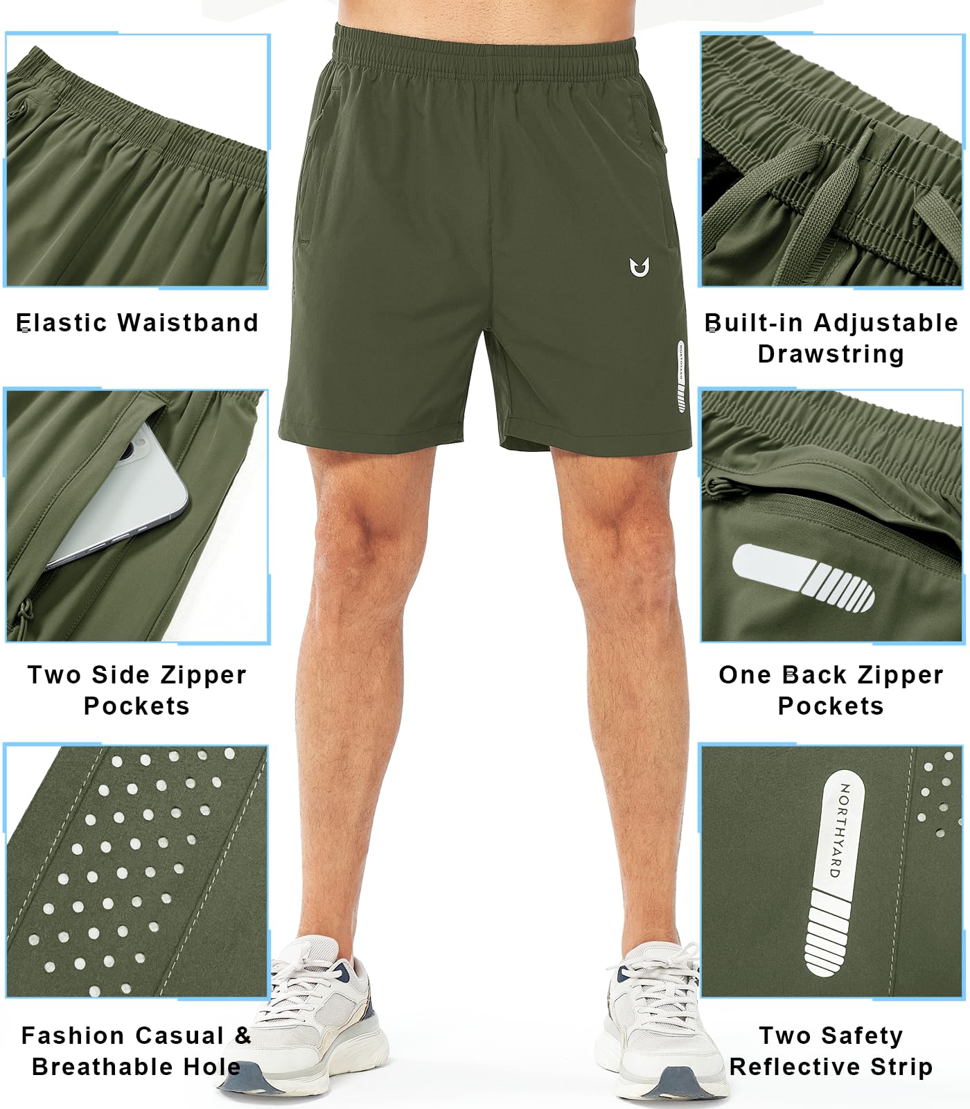 NORTHYARD Men's Athletic Running Shorts Gym Workout 7"/9"/5" Quick Dry Lightweight Sports Basketball Tennis 3 Zipper Pockets ARMYGREEN-5inch L
