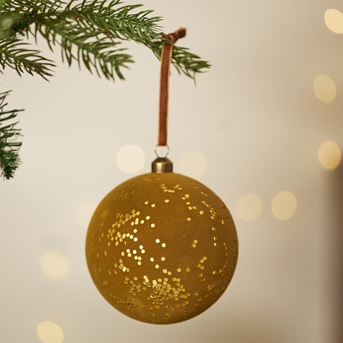 DN DECONATION 4PCS Christmas Tree Ball Ornaments – Brown & Gold Velvet Christmas Balls Decor with Ribbons, 4” Plastic Ball Ornament for Xmas Tree, Holiday Decorations Rustic Farmhouse Decor