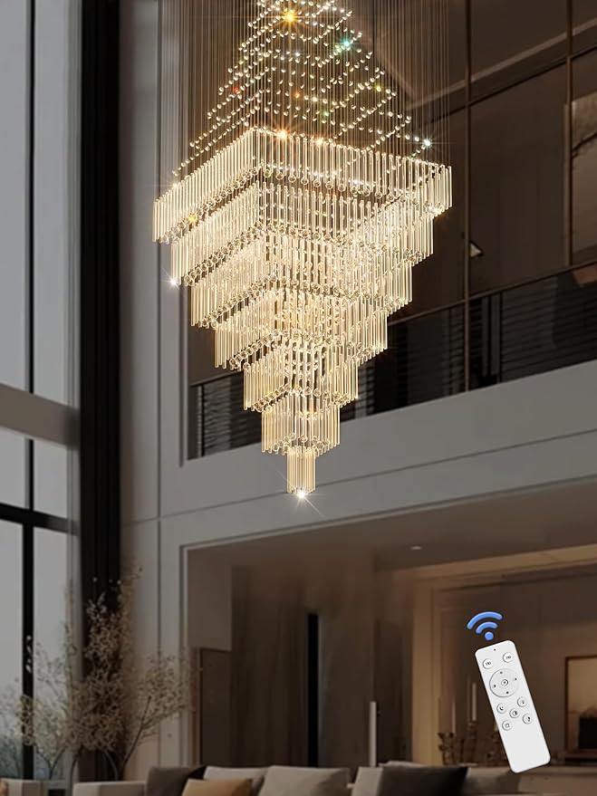 Flashing God D59''X H120'' Extra Large Chandeliers for High Ceilings Crystal Raindrop Chandeliers Large Villa Chandelier Entrance Foyer Crystal High Ceiling Light LED Dimmable 2700K-6000K Quadrate