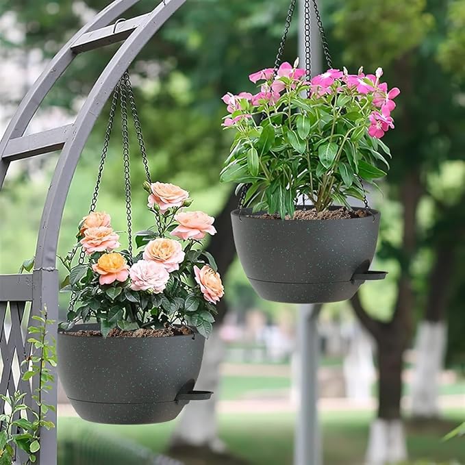 10 Inch Hanging Baskets 2 PC with Chains, Self-Watering Hanging Planters for Indoor Outdoor Plants, Plastic Hanging Flower Pots,Black with Green Speckles