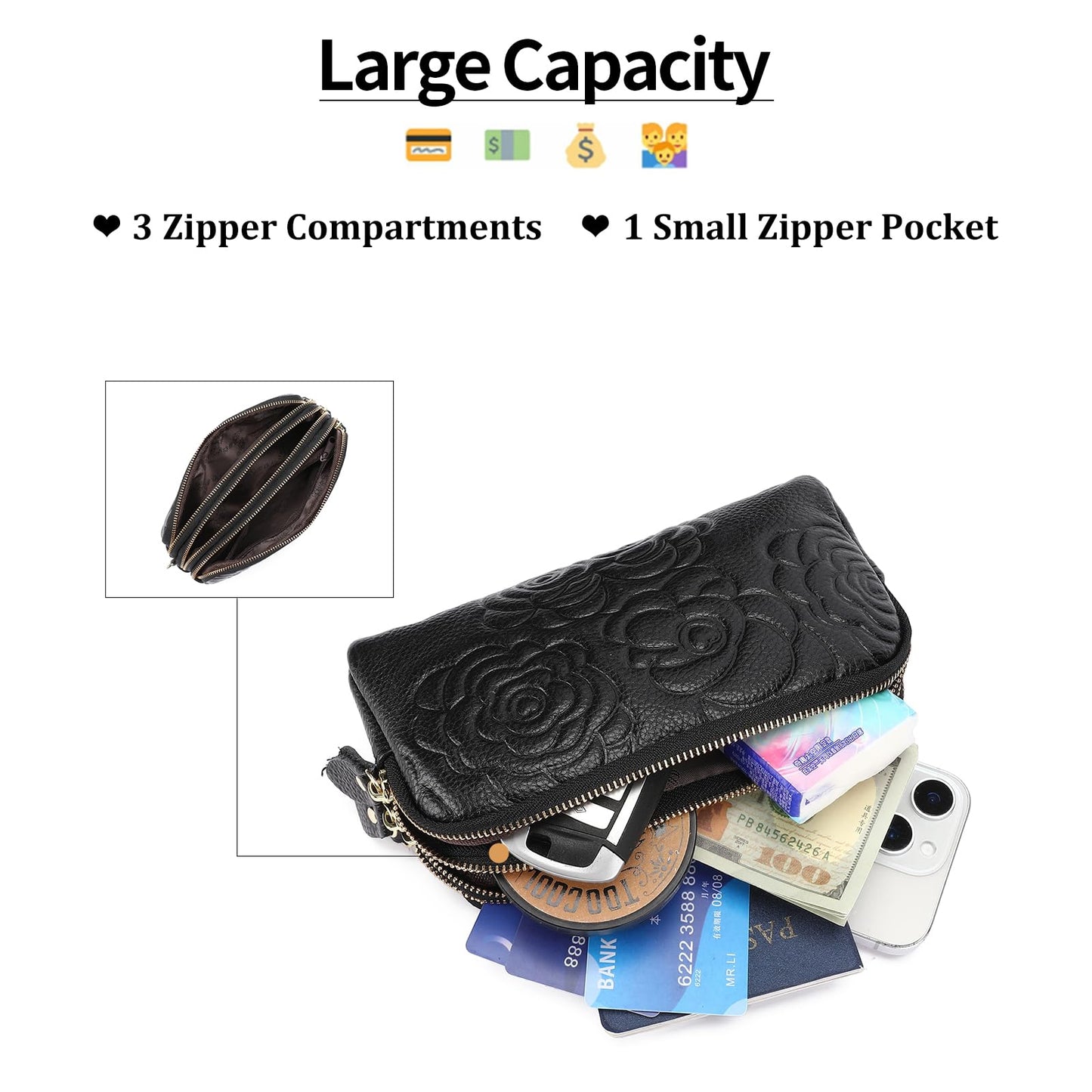 GOIACII Wristlet Wallets for Women Leather Womens Wallet Large Capacity Clutch Purse Handbags 3 Zippers with Strap Black