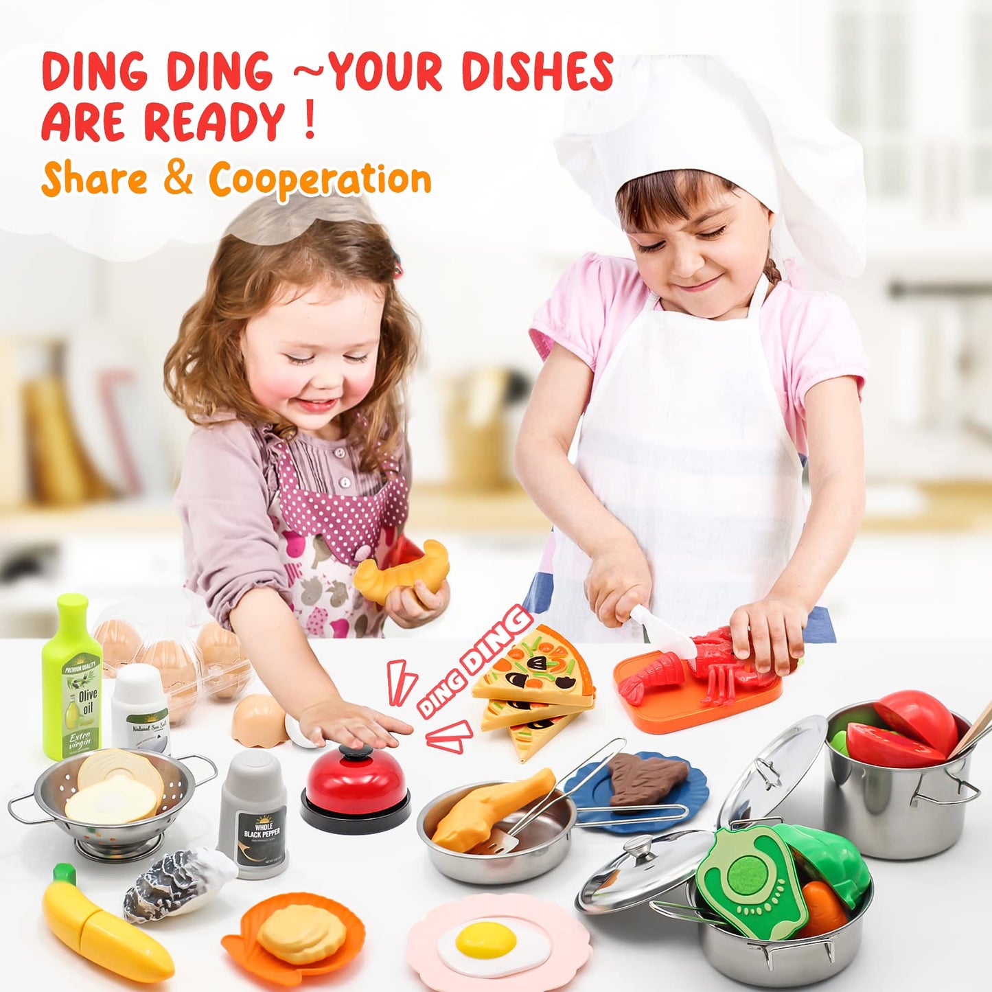 Kids Pretend Play Kitchen Accessories Set, 38Pcs Stainless Steel Play Pots Pans Sets for Kids, Toy Cookware Cooking Utensils Play Food Dish Toddler Kitchen Playset Gifts for Boys Girls