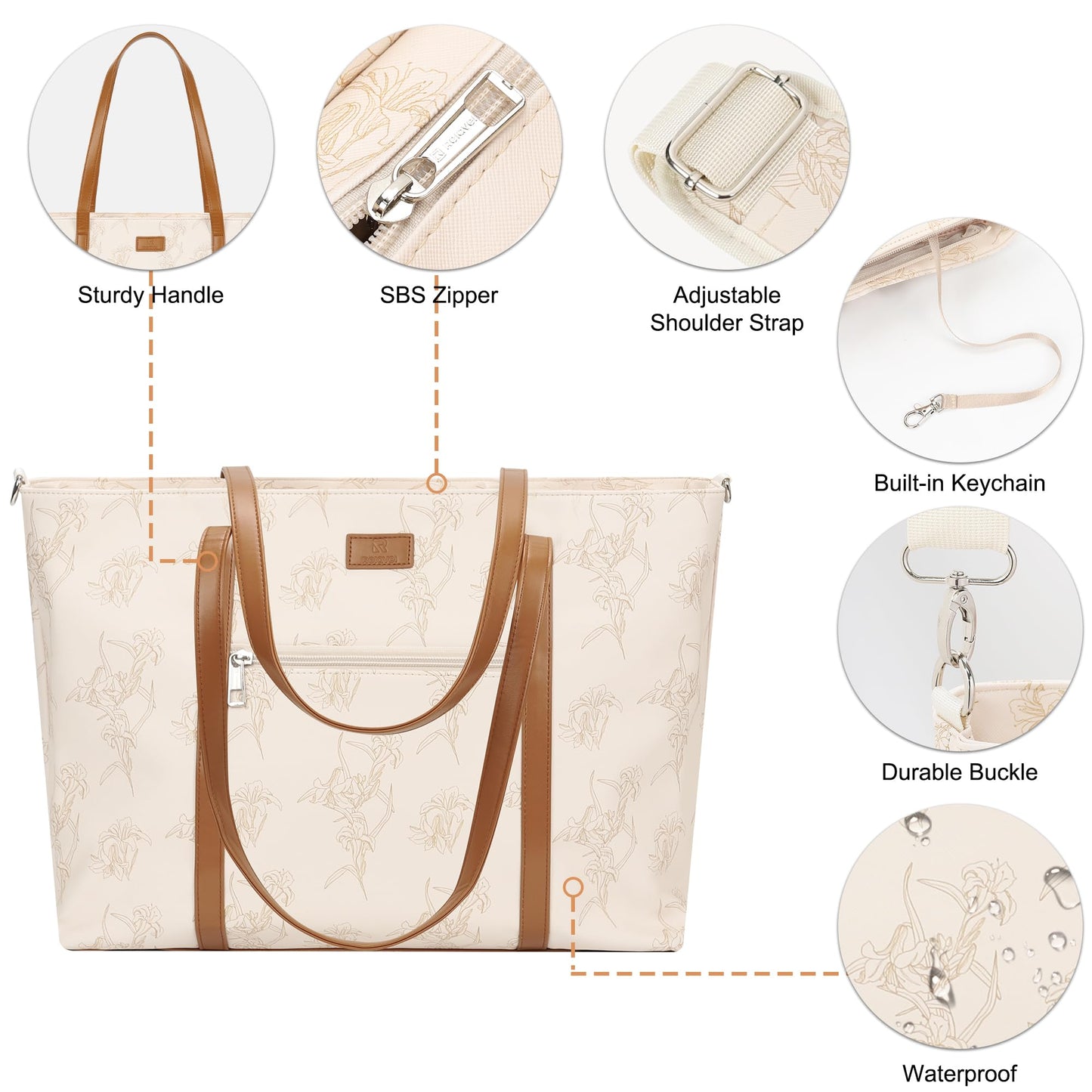 Laptop Bag for Women 17 Inch, Leather Laptop Tote Bag Waterproof Computer Bag Office Work Bag Business Briefcase with Compartment&Shoulder Straps (A3-Beige/Brown Flower, 17.3 inch)