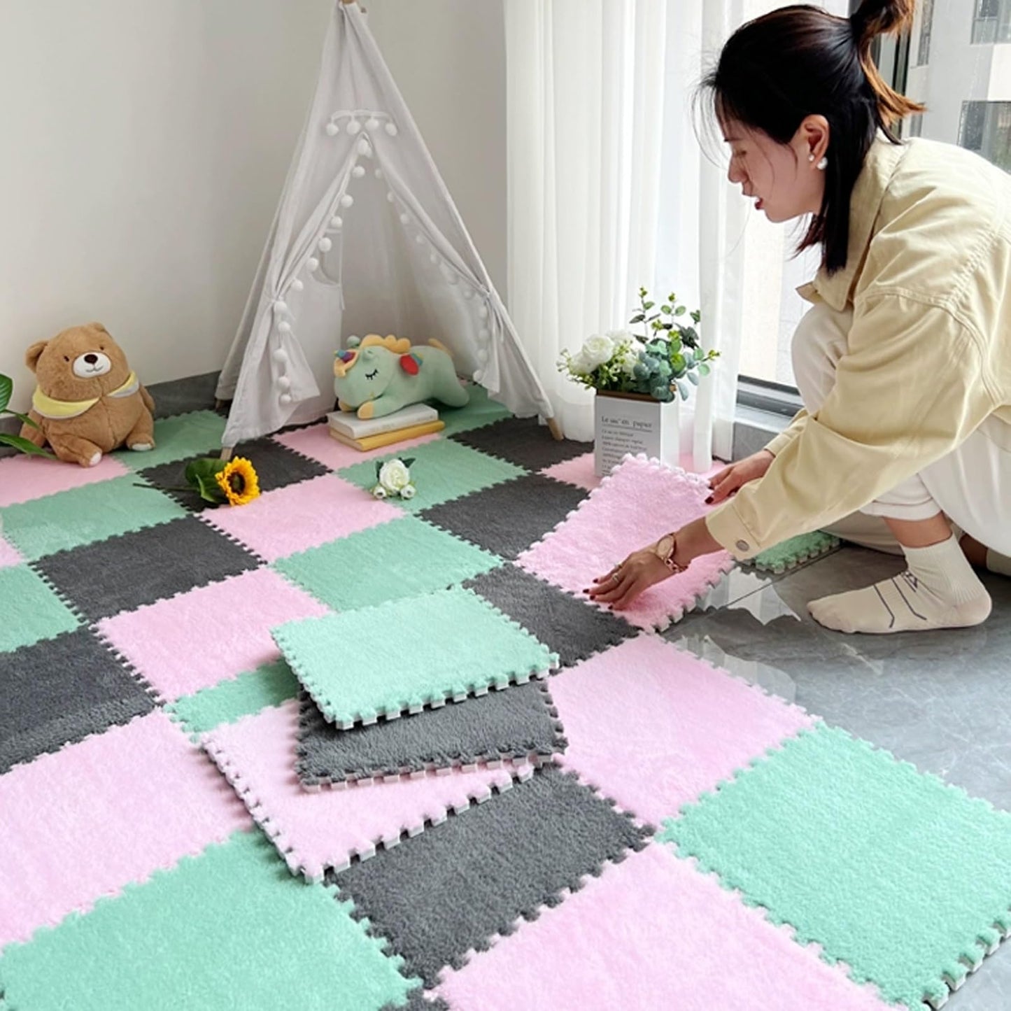 Washable EVA Foam Parlor Soft Bedroom Carpet, Sound Insulation Home Interlocking Floor Mat, Shaggy Thick Fluffy Area Rugs Mat, Can Be Cropped,protect Floor, 12 Pieces (1 Piece 30*30cm). ( Color : Styl