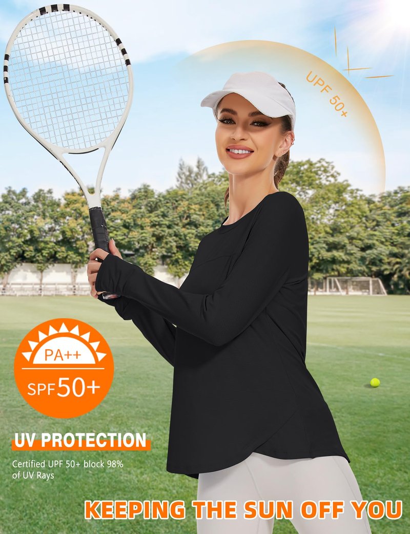 Blingfit Women's Long Sleeve Running Shirts Workout Tops UPF 50+ Sun Protection Rash Guard Shirt for Women Black Medium