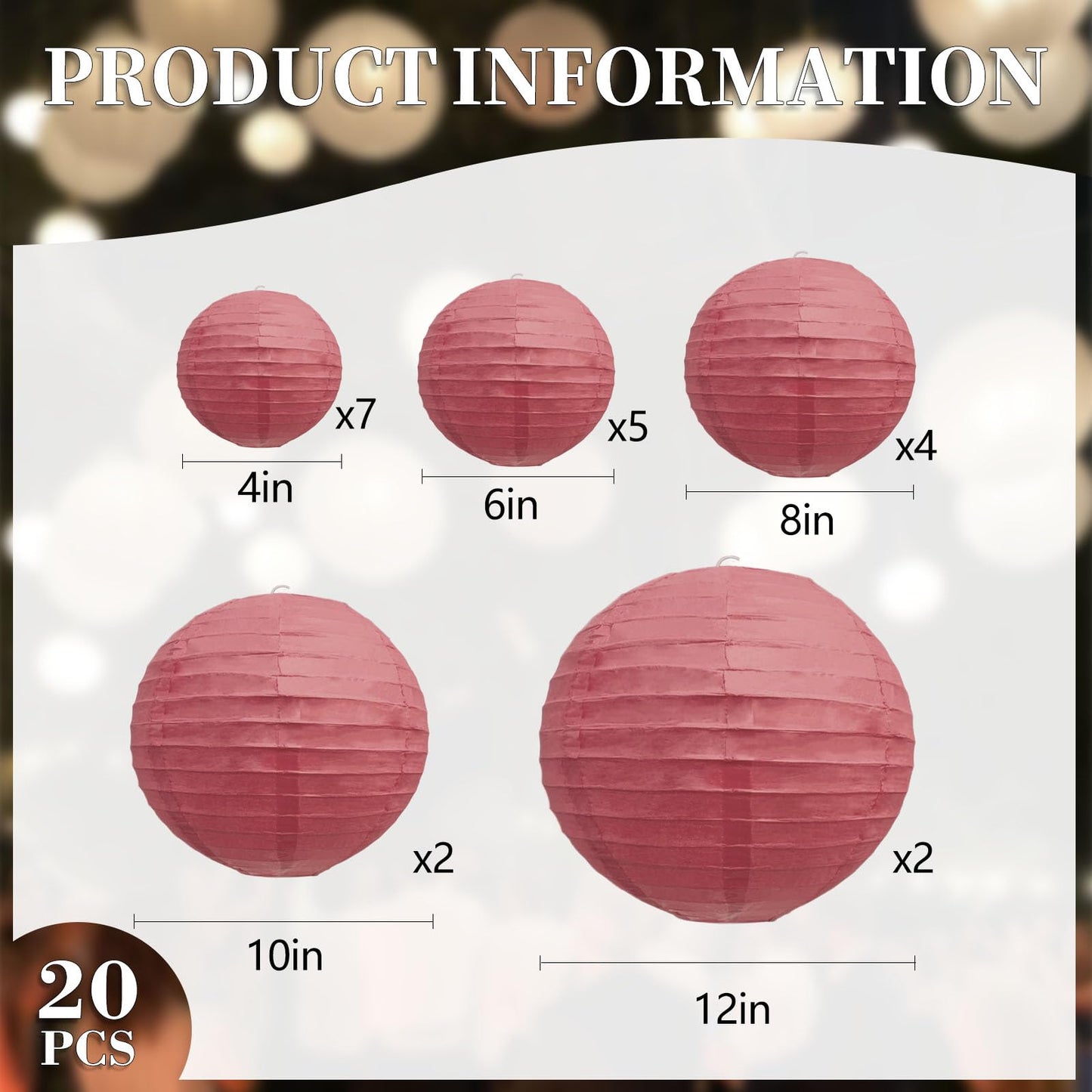 20Pcs Burgundy Paper Lanterns for Parties, 6” 8” 10” 12” Chinese Asian Hanging Round Paper Lanterns for Birthday Wedding Halloween Christmas Home Decor Party Decor