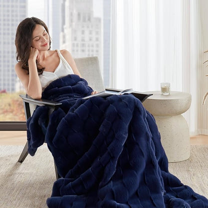 Madison Park Luxuriously Cozy Soft Long Faux Fur Basketweave Blanket, Reversible Soft & Snuggly Velvet Throw, Lightweight, Breathable, All Season, Trendy Room Décor, 50x60, Navy