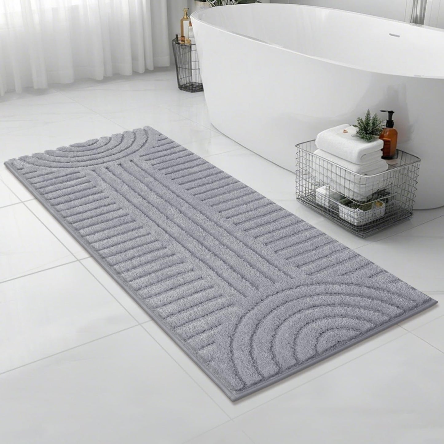 SHACOS Super Soft Bathroom Runner Rugs 24"x60" Non Slip Boho Bath Rugs Microfiber Absorbent Bath Mats for Bath Room Floor Machine Washable Shaggy Carpet for Shower Bathtub, Light Grey 2' x 5'