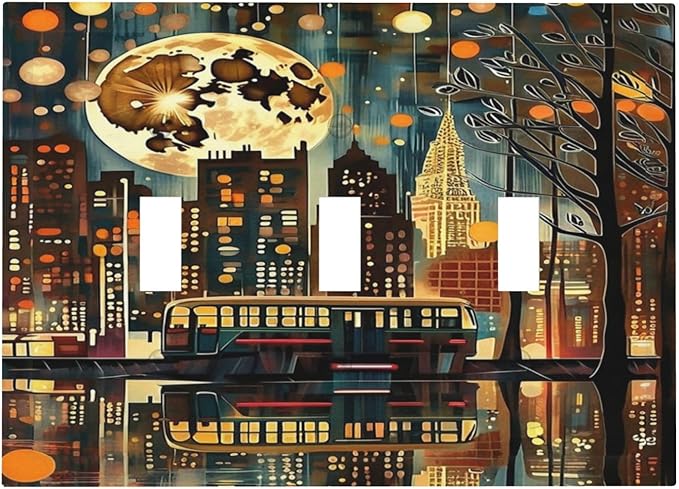 City Light Moon Bus Abstract Art Light Switch Covers 3 Gang Triple Toggle Wall Plate Decorative Switchplate Electrical Faceplate for Farmhouse Living Decor