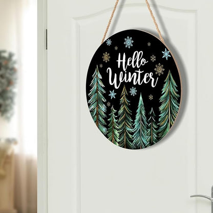 Hello Winter Welcome Sign for Front Door Winter Wreaths Winter Pine Trees Wood Door Hanger for Outdoor Outside Porch Christmas Snowflakes Round Hanging Sign for Home Porch Wall Decoration 12in