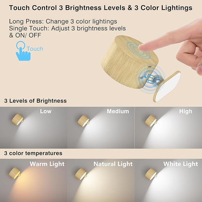 Battery Operated Wall Light, LED Wall Sconce with 3 Color Modes 3 Brightness Levels 360°Rotation Lighting Touch Control, Wall Mounted Lamp Cordless Wall Lamp for Bedroom Reading Bedside-1Pack