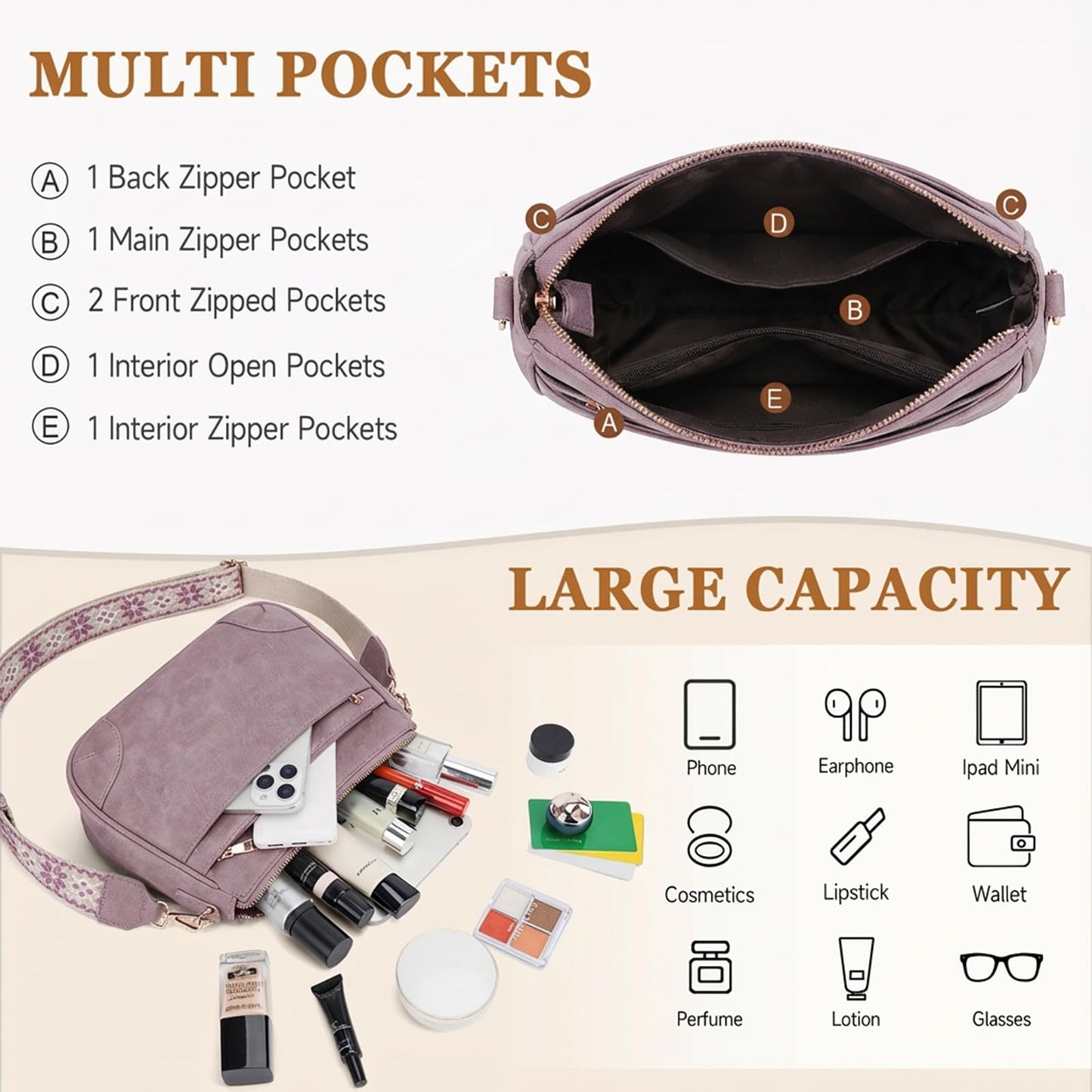 BELTANA Crossbody Bags for Women, Medium Shoulder Handbags, Satchel Purse with Multi Pockets (Purple)