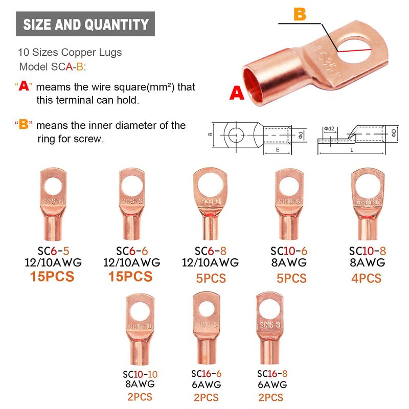 TKDMR 100Pcs Copper Wire Lugs AWG 6 8 10 12 with Heat Shrink Set, 50Pcs Battery Cable Lugs Battery Cable Ends Ring Terminals Connectors with 50Pcs Heat Shrink Tubing