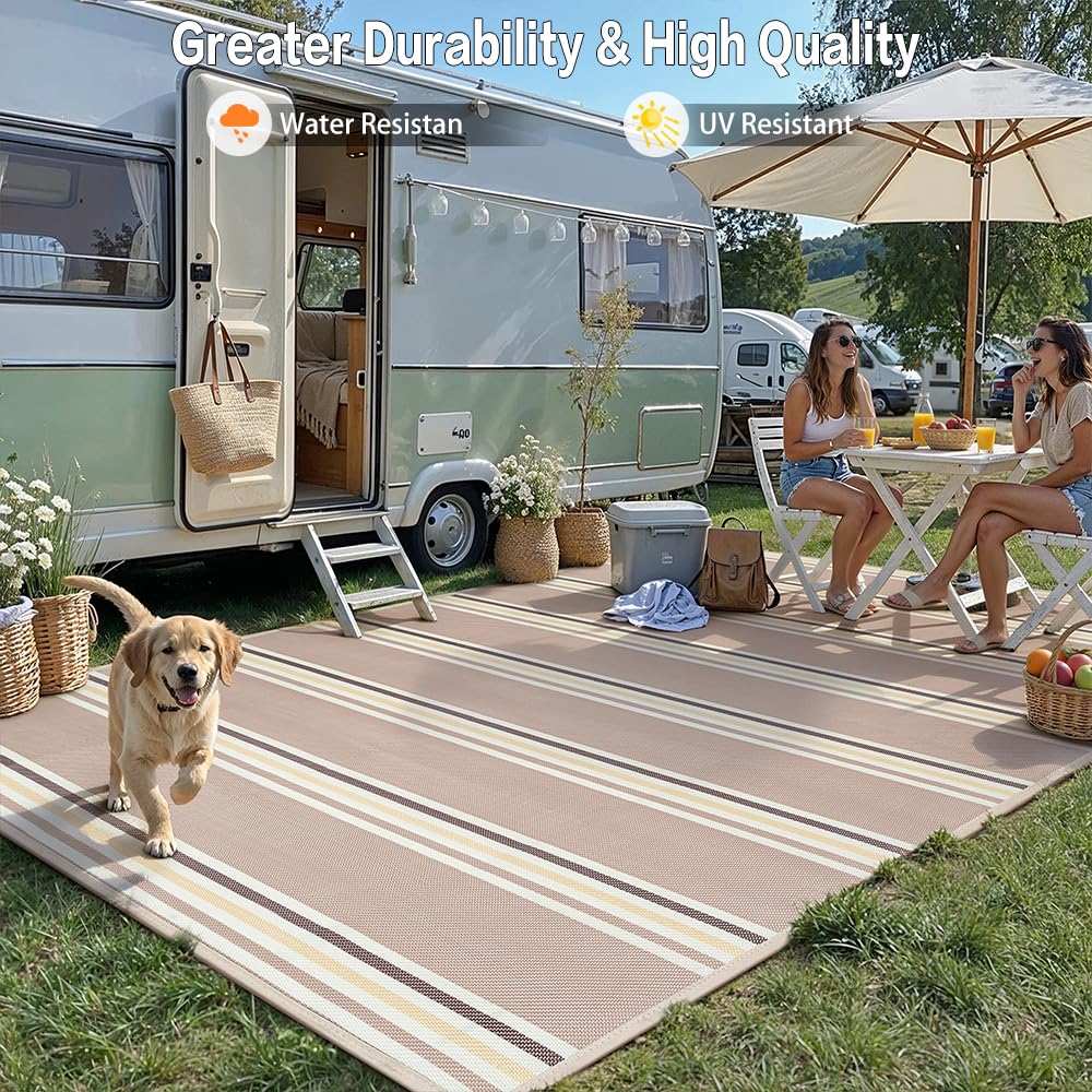 PureCozy Outdoor Waterproof 5x8 Rug for Patio Reversible Plastic Straw Beige Striped Camping Mat Outside Lightweight Large Floor Mat for RV Deck Beach Balcony Picnic Backyard Entry Porch
