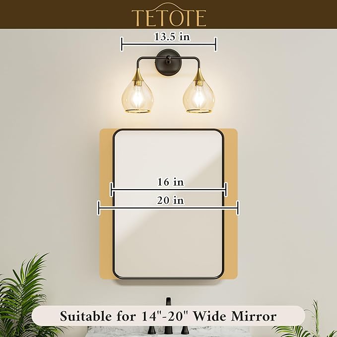 TETOTE 2-Light Modern Bathroom Light Fixtures, 2 Light Vanity Lights Over Mirror Gold Wall Lamp with Clear Glass for Bathroom, Mirror, Living Room, Bedroom, Hallway