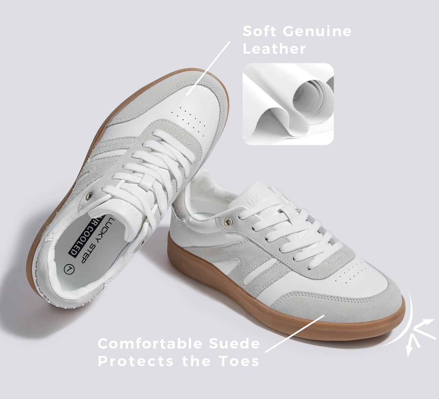 LUCKY STEP Women Classic Retro Gum Sole Fashion Sneakers Casual Tennis Skate Shoe Genuine Leather Walking Footwear Anti Slip Trainers(White/Grey,8.5)