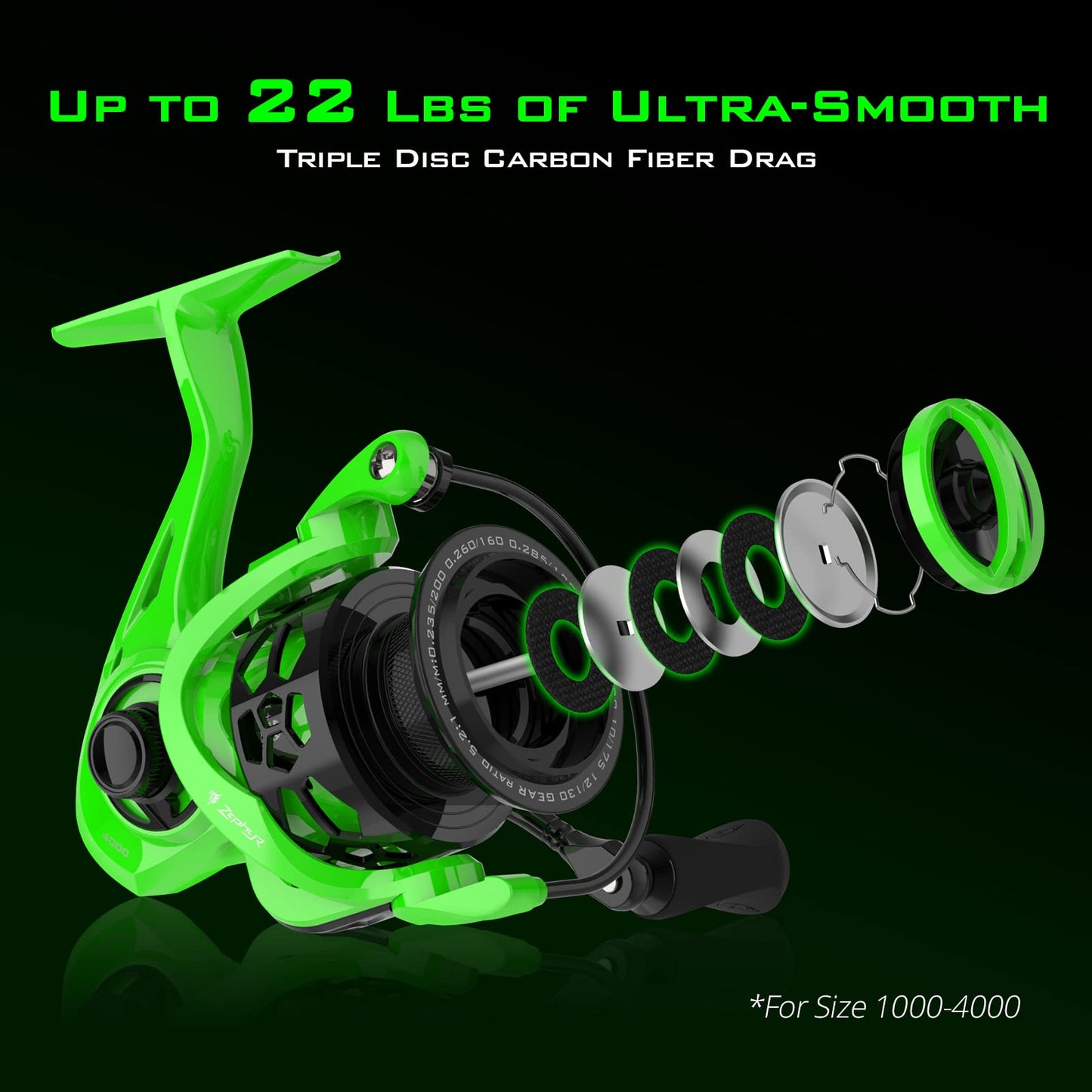 KastKing Zephyr Spinning Reel Green Size 2000,Light to 5.6oz, 7+1BB Smooth Powerful Fishing Reel, Fresh&Saltwater Fishing Reel, Oversized Stainless Steel Main Shaft