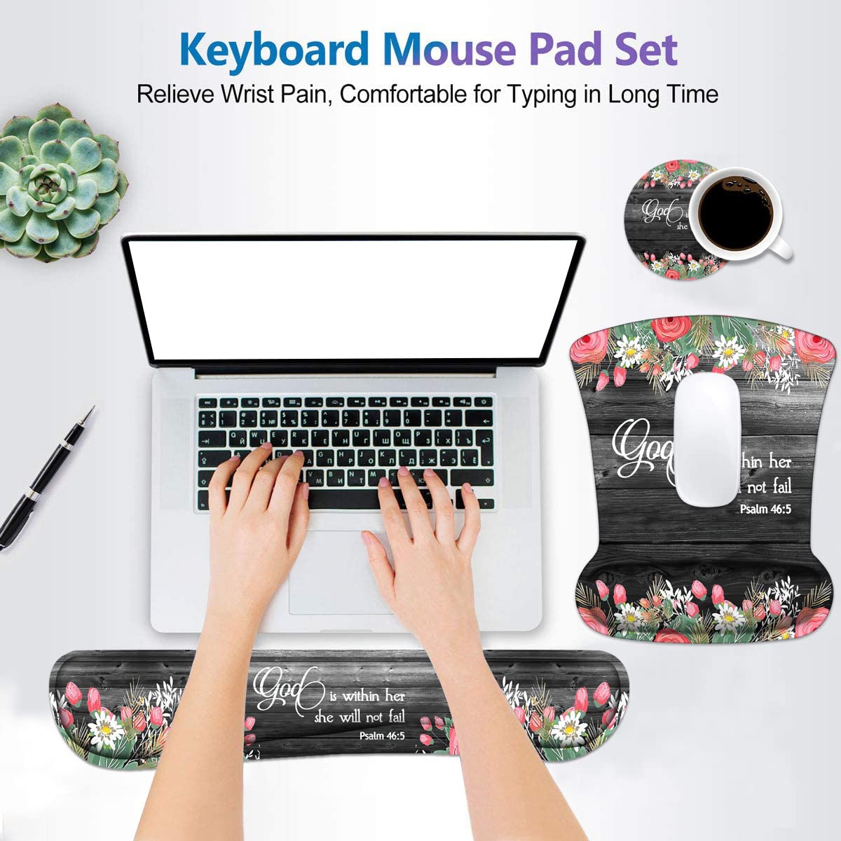 Keyboard Wrist Rest and Mouse Wrist Rest Pad Set with Coasters, Ergonomic Support, Non-Slip PU Base, Easy Typing & Pain Relief for Home Office Working Studying, Floral Quote Bible Verses Psalm 46:5