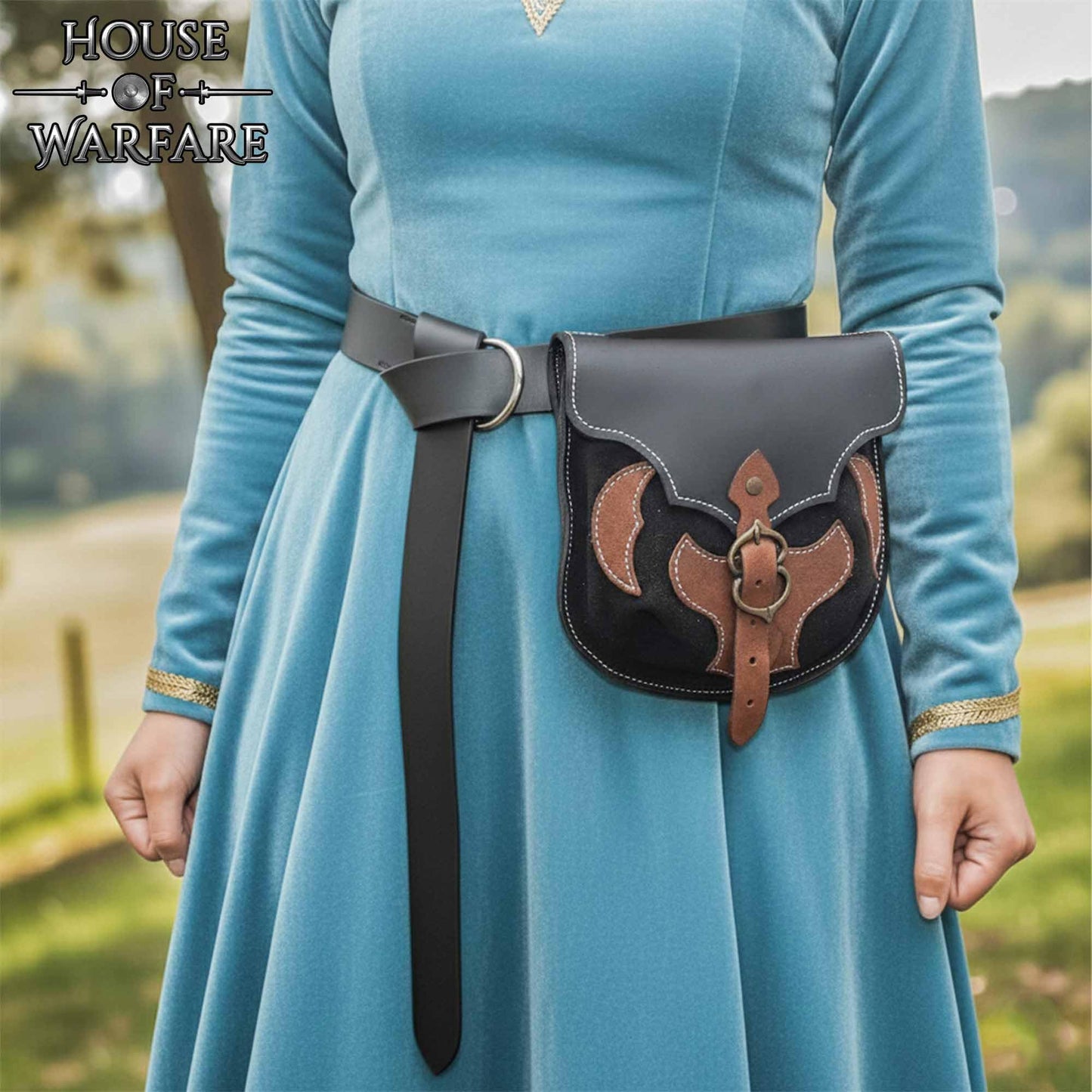 Medieval Belt Pouch – Genuine Leather & Suede Bag with Brass Buckle | Spanish Applique | LARP Renaissance Viking & Fantasy Accessory (Barbarian Warrior Bag)