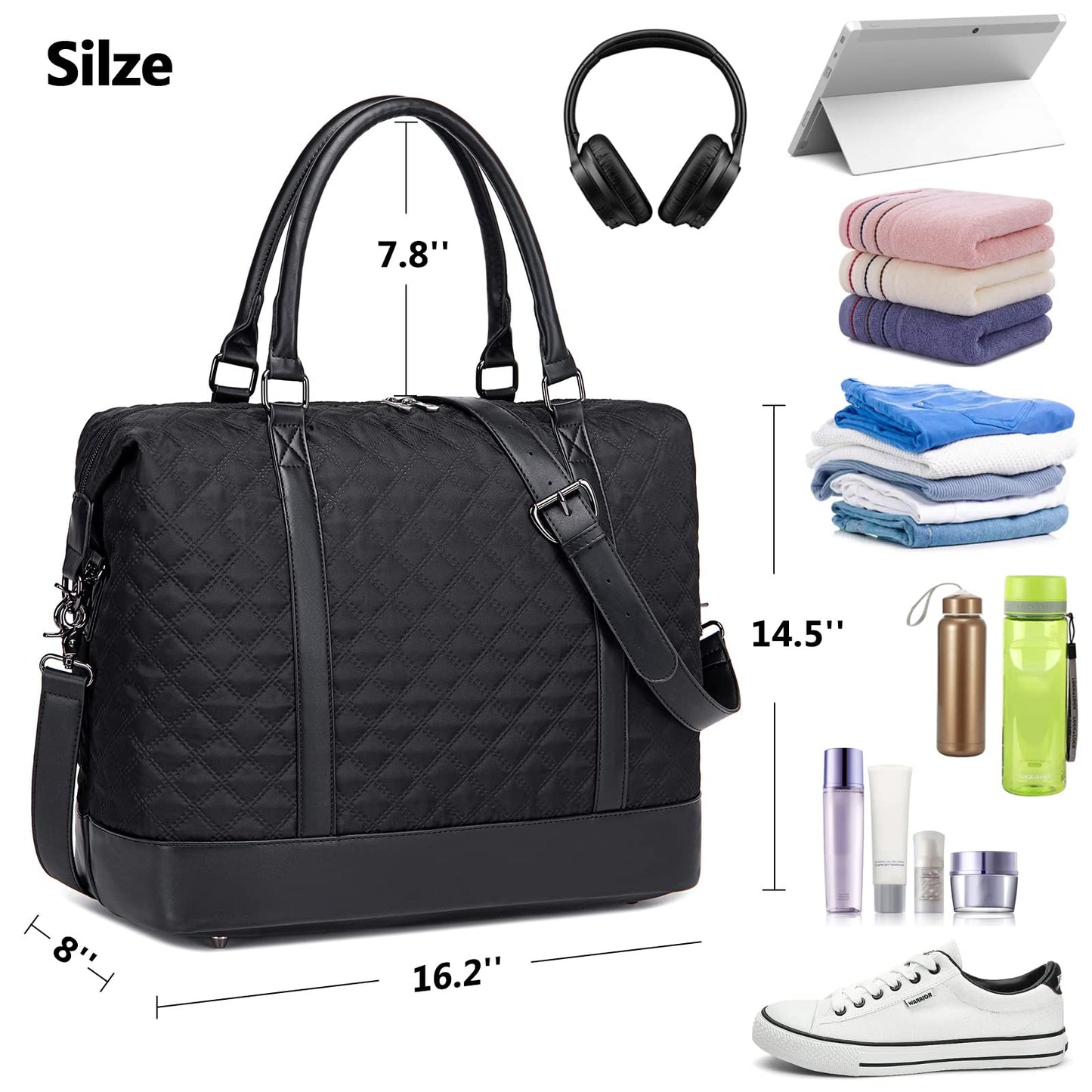 Women Ladies Weekender Carry-on Tote Bag Overnight Duffel in Trolley Handle (Quilted black)