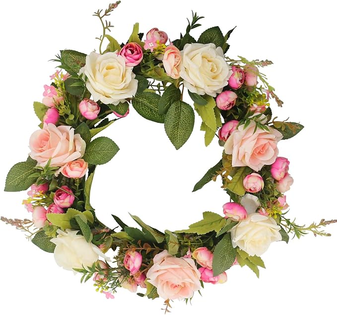 Ogrmar Artificial Flower Wreath/Handmade Floral Artificial Simulation Rose Flowers Garland Wreath for Home Front Door Christmas Wedding Party Decoration (Rose)