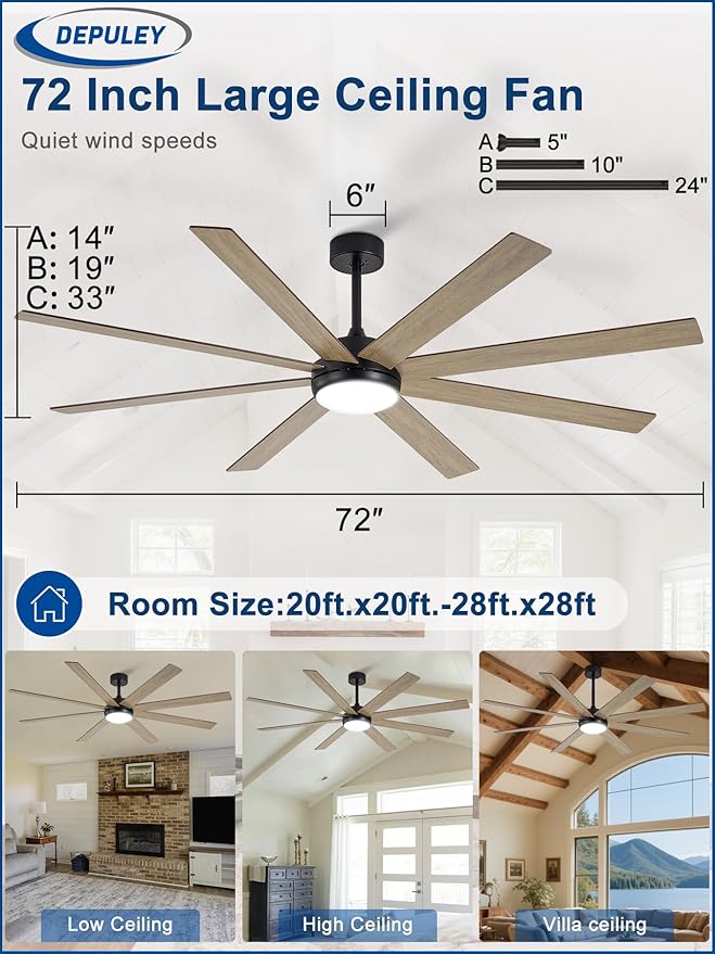 Depuley 72" Ceiling Fans with Lights: Large Indoor/Outdoor Ceiling Fan for Patios Living Room - 8 Blades Wooden Dimmable Ceiling Fans with Remote APP Control Timer Reversible Quiet DC Motor 6 Speeds