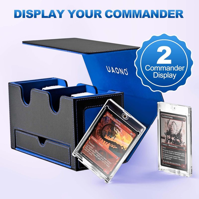 MTG Commander Deck Box - 3-in-1 Magnetic Card Organizer with 2 Top Loaders & Dice Tray | Fits 200 Double Sleeved Cards (Black/Blue)