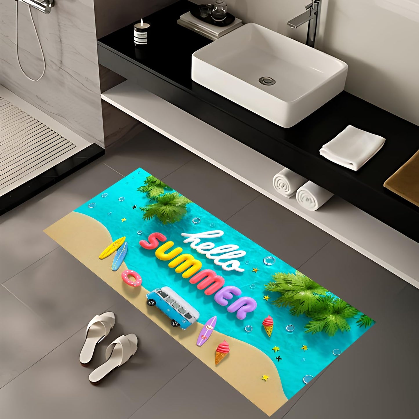 LEIWEIHOPE Hello Summer Summer Runner Rug 20x47 inch Non-Slip Waterproof Laundry Room Rug Kitchen Runner Bathroom Mat with Festive Designs,Outdoor Indoor Entryway Floor Mat Home Decor