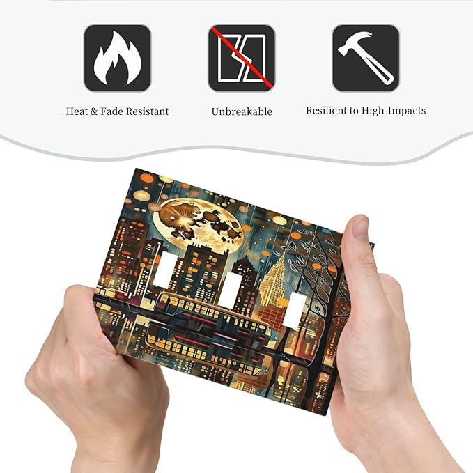City Light Moon Bus Abstract Art Light Switch Covers 3 Gang Triple Toggle Wall Plate Decorative Switchplate Electrical Faceplate for Farmhouse Living Decor